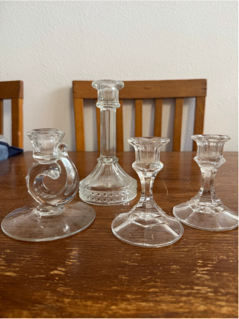 Vintage Clear Glass Candlestick Holders Mixed Set of 4 Taper Candle Decor